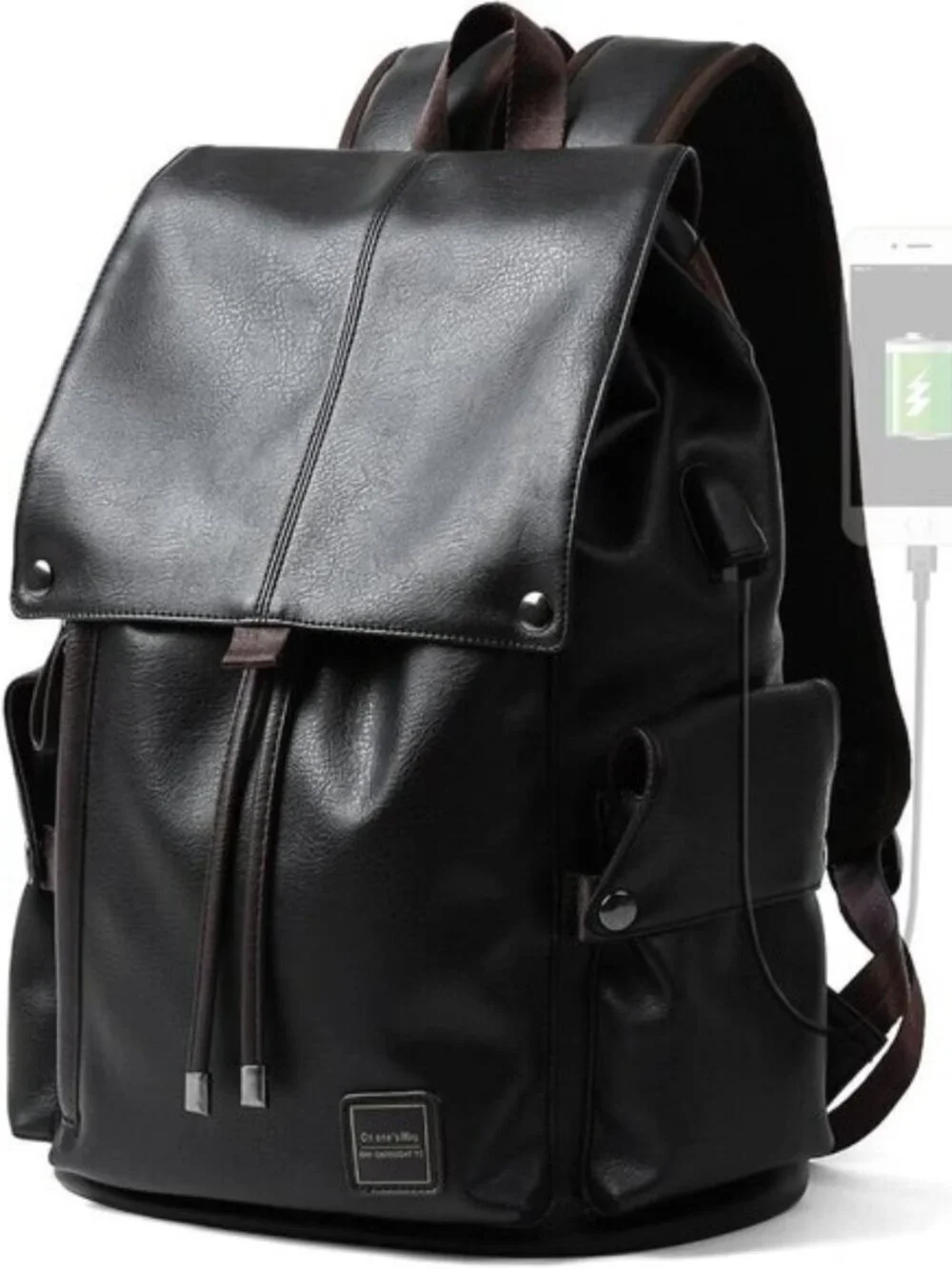 Men's Black Vintage PU Leather Laptop Backpack Water Resistant USB 15.6